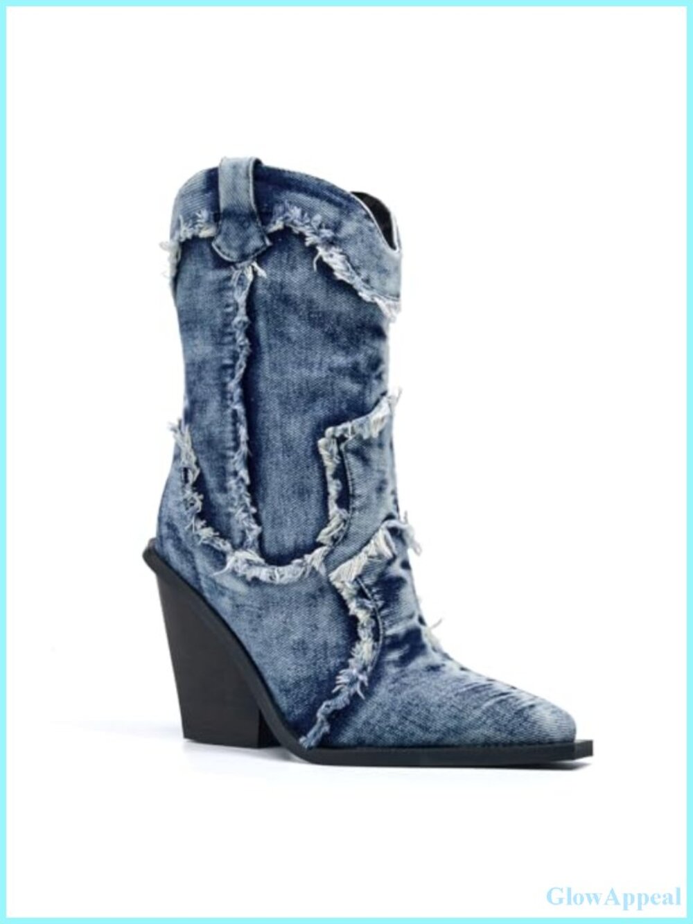 Women's Denim Chunky Heel Pointed Toe Cowboy Boots Wide Calf